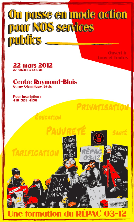 Affiche: dessin coloré représentant des gens manifestant contre la privatisation et la tarification: on voit des pancartes Oui à la santé pour tous; Une main rouge; Un peuple uni jamais ne sera vaincu; etc.