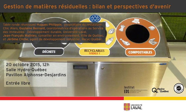 Affiche : photo des poubelles spéciales de l'université Laval qui sont divisées en trois sections : déchets, recyclables, compostables. Logos : Institut EDS, Hydro-Québec, Univ. Laval.