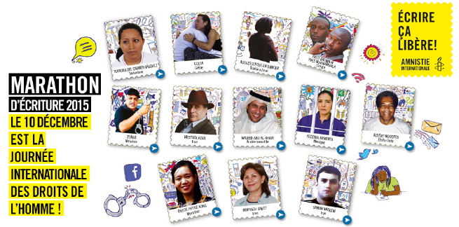 Bannière web : dix portraits de personnes emprisonnées pour leurs opinions, montés sur des formes de timbres postaux. Écrire ça libère ! Le 10 décembre est la Journée internationale des droits de l'Homme ! Dessins aussi de menottes, lettres, etc.