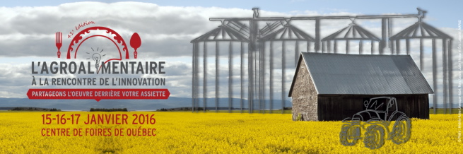 Bannière web : champ de blé très jaune, grange, dessin superposé de silos. Logo : fourchette, cuillère, ampoule électrique. 41e édition.