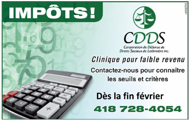 Affichette : photo d'une calculatrice. Logo CDDS Lotbinière soit une balance dans un cercle, une moitié verte. Transcription ci-dessous ...