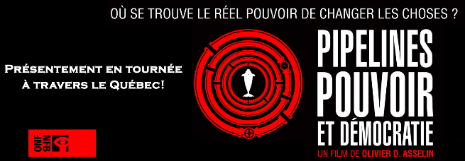 Bannière web : petit dessin d'un béluga au milieu d'un labyrinthe rouge en cercle. Logo de l'ONF. Pipelines, pouvoir et démocratie