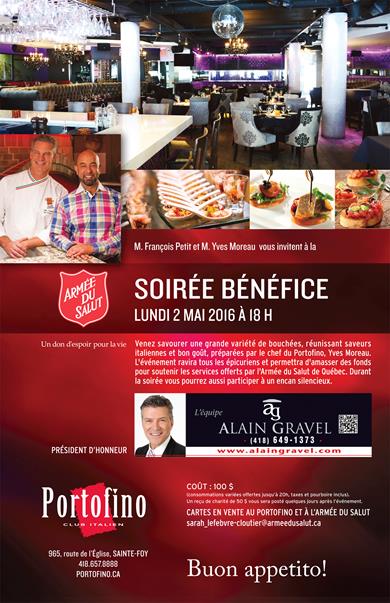 Affiche sur fond rouge : photo de restaurant, très chic, colonnes blanches lumineuses, boule de disco, propre. Photo du chef souriant. Portrait de M. Gravel.