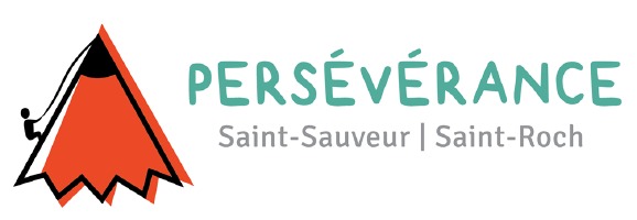 Logo : un bout de croyon de plomb rouge ressemble à une pointe de montagne. Un petit bonhomme en ombre noir escalade. Perséverance Saint-Sauveur & Saint-Roch