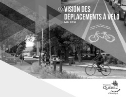 Affiche de document Vision des déplacements à vélo (Ville de Québec) en noir et blanc : un cycliste traverse une rue où il y a de nombreux arbres autour.