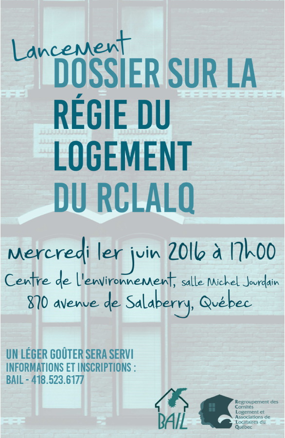 Affiche sur fond flou nuageux des fenêtres d'un immeuble d'habitation. Logos du BAIL et du RCLALQ.