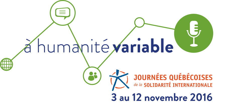 Bannière des JQSI 2016 : une ligne verte fait le lien entre quatre icônes : globe terrestre, bulle de paroles, symbole de clavardage, microphone. « à l'humanité variable » - 3 au 12 novembre 2016.