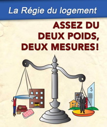 Affiche sur fond beige avec dessin d'une balance grise : d'un côté un homme d'affaire et des immeubles, de l'autre une personne qui s'accroche et manque de tomber.