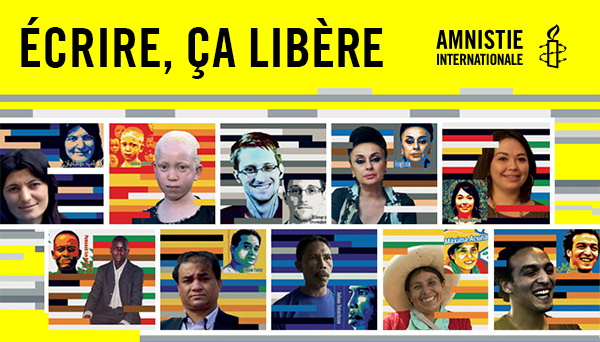 Bannière Internet 2016 sur fond jaune : dix portraits combinés chacun avec un dessin stylisé de la personne. On reconnaît Edward Snowden d'aileurs. Écrire, ça libère !  AI