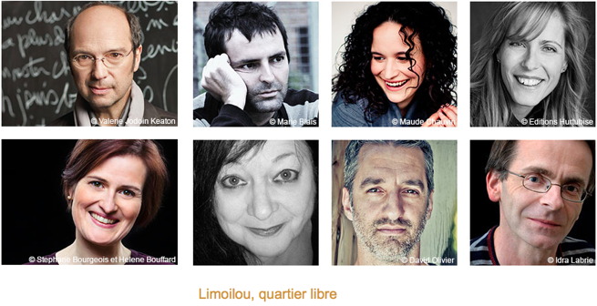 Bannière web : huit petits portraits couleurs officiels des écrivain.es : François Blais, Nicolas Chalifour, Véronique Côté, Max Ferandon, Marie-Renée Lavoie, Anne-Marie Olivier, Sylvie Nicolas, ainsi que Michel Rivard.