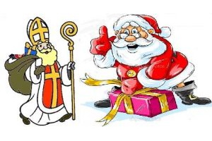 Image : dessin comique d'un St-Nicolas portant un chapeau d'évêque. une toge rouge, grande croix jaune, un sac vert rempli de cadeau et un bâton de religieux. Devant lui, un Père Noël enjoué présentant un gros cadeau rose.