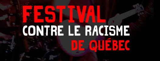 Affichette : sur fond d'une photo sombre et floue d'un guitariste moderne : Festival (grandes lettres rouges) contre le racisme (lettres blanches) de Québec (grandes lettres rouges).