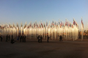 Photo d'une centaine de drapeaux, illuminés, et une dizaine de personnes visitant autour. Probablement près de la COP21.