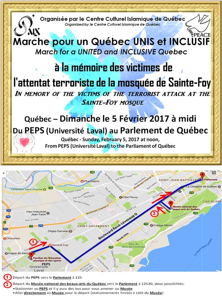 Affiche dans un cadre d'oré de peinture: deux oiseaux bleus derrière le texte. Les mots Paix et Peace au haut.  Organisée par le CCIQ. Marche pour un Québec UNIS et INCLUSIF. March for a UNITED and INCLUSIVE Québec. À la mémoire des victimes de l'attentat terroriste de la mosquée de Sainte-Foy. Le trajet est nommé et il y a une carte.