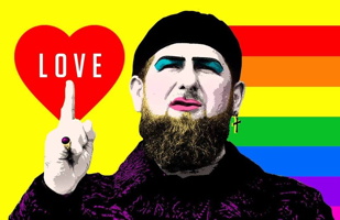 Image : le leader de la Tchétchénie est transformé avec du rose à lèvre, sourcils turquoise, une boucle d'oreille en croix et les couleurs arc-en-ciel jaillissent d'un côté de lui. Coeur rouge avec le mot LOVE.