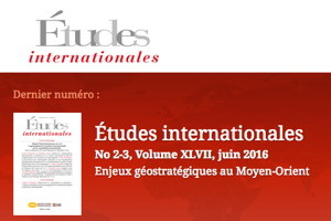 Logo : « Études » en lettres grises et « internationales » en lettres italiques rouge vin. Miniature de la première page où on discerne vaguement le logo des Hautes études internationales (HEI) de l'université Laval.