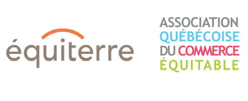 Sur fond blanc : équiterre. Une ligne courbe orange au-dessus des lettres « quite ». Association québécoise du commerce équitable. Les lettres sont de plusieurs couleurs.