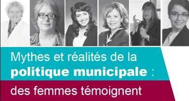 Partie principale de l'affiche : six portraits (noir/blanc) des conférencières. Mythes et réalité de la politique municipale : des femmes témoignent