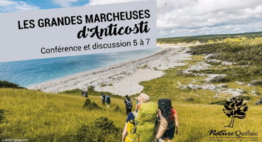 Affichette : photo de cinq marcheuses/marcheurs dans un long gazon jauen sur l'île. Logo : Nature Québec. Dessin d'un arbre.