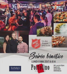 Copie miniature de l'affiche : foule dense et dbout dans le restaurant Portofino ; photo chef avec la présidente d'honneur ; logo de L'Armée du Salut et de Sothebys (immobilier de luxe).