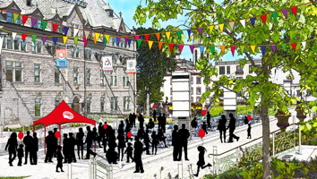 Photo modifiée : dessin de gens en ombres noirs, dont une fillette galopant, derrière l'Hôtel de Ville. Arbre vert et des guirlandes multicolores au haut.