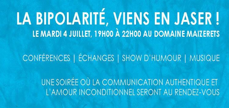 Affichette sur fond bleu ciel marbré : Conférences, échanges, show d'humour, musique. Une soirée où la communication authentique et l'amour inconditionnel seront au rendez-vous.