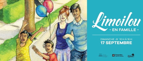Bannière web : dessin coloré d'une famille sur une rue l'été. Jeune fille les bras levés vers le ciel; jeune garçon amusé ; jeune couple et ballons colorés. Gazon vert et un arbre.