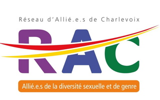 Logo : RAC. Le r est mauve ; le a est bleu foncé ; le c est vert. Deux lignes courbes, rouge et jaune, traversent les trois lettres. « Allié.e.s de la diversité sexuelle et de genre ».