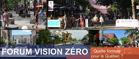Affichette : six photos de gens marchant et jouant sur les rues à Québec l'été.