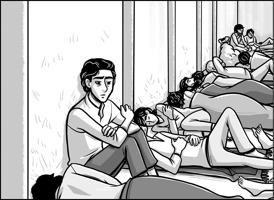 Dessin : un jeune adulte assis, aux cheveux noirs semi-longs, dans un dortoir où il y a environ huit autres personnes qui dorment, surtout des femmes.