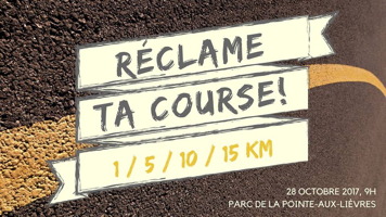 Affichette sur fond d'une ligne jaune sur le pavé d'une rue. 1 / 5 / 10 / 15 Km. 28 octobre 2017, 9 h, Parc de la Pointe-aux-Lièvres