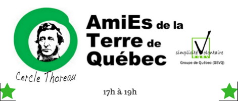 Bannière sur fond blanc : dessin du portrait classique d'Henry David Thoreau au milieu cercle vert qui est le logo des ATQ. Logo aussi de GSVQ. Deux étoiles vertes.