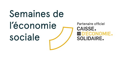 Affichette sur fond blanc : le titre agrémenté d'un quart de cercle jaune. « Partenaire officiel : Caisse d'économie solidaire ». 