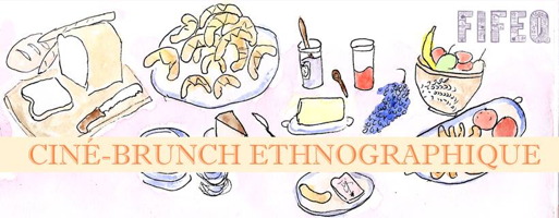 Affichette : dessins simples de nourriture variée. « Ciné-brunch ethnographique » - FIFEQ