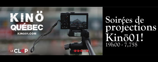 Bannière sur fond noir : une caméra moderne, petite, filme le Centre Innovation à Sainte-Foy, qui est en forme de pyramide. « KINÖ Québec : soirées de projections. 19 h. 7.75 $ » Logo: Le Clap.