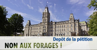 Affichette sur fond d'une photo du bâitment de l'Assemblée nationale avec ciel bleu: « Non aux forages ! - Dépôt de la pétition ».