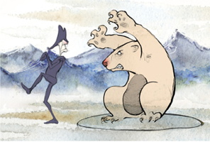 Image tirée du film « La version de l'ours » : un ours menaçant, beige, intimide un homme aux jambes et bras très minces, vêtu en mauve, avec un chapeau style militaire victorien (tricorne).  Ils sont sur de la glace. Derrière il y a de belles montagnes bleutées. L'ours ressemble à une marmotte géante.