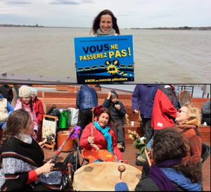 Deux photos : une jeune femme (Marie-Pierre) tient une affiche bleu « Vous ne passerez pas ! » : derrière elle, le fleuve. 2) Quatre femmes frappent ensemble un grand tambour avec joie et énergie. Des enfants autour souriants. Les deux photos sont du lancement à Bécancour du nouveau mouvement citoyen en 2017 : Vous ne passerez pas.