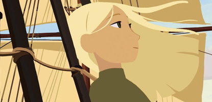 Capture-écran du film (dessins animés) : une jeune fille blonde, sur un navire à voile, les cheveux dans le vend.  Elle regarde au loin et semble sereine.