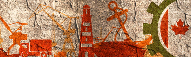Peinture sur une texture qui ressemble à une terre ou pierre beige. Dessins orange-rouge d'une grue mécanique, un camion, phare maritime, ancre de navire, rouage mécanique, feuille d'érable du drapeau canadien.