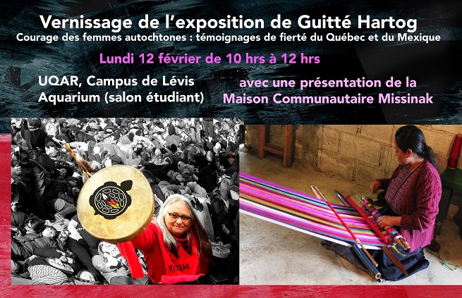 Affiche avec deux photos. 1) une de Pénolope Guay tenant haut un tambourin arborant le logo de la Maison Missinak, soit une tortue noire avec une plume blanche rouge et jaune.  Elle est le long d'une grande foule de gens assis sur le sol. 2) une femme, assise à genoux, tisse des fils de laine de manière artisanale. Son teint de peau, ses cheveux noirs et ses vêtements indiquent qu'elle est de l'Amérique du Sud.