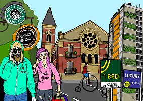 Dessin : un jeune homme barbu et une jeune femme aux cheveux rose, les deux parlant dans leur téléphone cellulaire, sur une rue où on voit la façade d'une église, un cycliste, des écriteaux commerciaux, etc. 