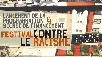 Affichette bannière: photo d'immeubles d'habitation vus de haut. Lancement de la programmation et soirée de financement du Festival contre le racisme de Québec.