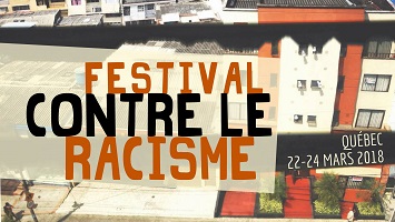 Affichette bannière: photo d'immeubles d'habitation vus de haut. Lancement de la programmation et soirée de financement du Festival contre le racisme de Québec.