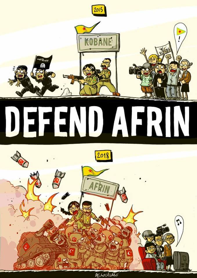 Dessin, caricature en comparant deux scènes : 2015 : une foule et des caméras, appuient avec joie, quelques combattants de Kobane faisant fuir deux extrémistes de Daesh (ISIS). 2018 : de nombreux combattants fureux, bombes et blindés amassés à Afrin... Les gens sont devant leur TV et ignorent le tout.