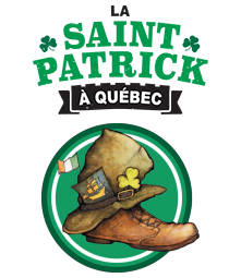 « La Sainte Patrick à Québec » en lettres vert pomme avec deux trèfles. Logo : une vieille botte en cuir, surmontée d'un vieux chapeau en cuir, avec un dessin de bateau comme celui de la Ville mais jaunâtre. Le tout dans un cercle vert, avec un mini-drapeau irlandais.
