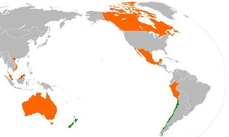Carte du monde où les continents sont gris pâle, sauf que certains pays sont de couleur orange vif : Canada, Mexique, Pérou, Chili, Australie, Japon et quelques petits pays côtiers ou insulaires d'Asie.