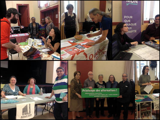 Mosaïque de six des photos : 1) un jeune homme discute à la table de l'Association des femmes entreprenneures immigrantes de Québec ; 2) Michel Leclerc signe une pétition à la table de QS ; 3) une jeune femme et un jeune homme pour la table du Mouvement démocratie nouvelle ; 4) table de Atout-Lire : trois personnes ; 5) 4 membres du Comité de coordination et le responsable du Média RéseauForum ; 6) employée du RÉPAC 03-12 à un kiosque au sujet du G7.