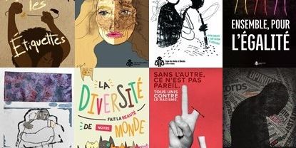 Bannière web composée de huit des 45 affiches : 1) « Les Étiquettes » Dessin d'une tête à la peau foncée brune. 2) Peinture d'un visage féminin un peu difforme et rayé. 3) « La diversité de notre monde » 4) ombre d'une personne la tête basse « Ensemble pour l'égalité », etc.