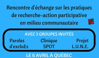 Affichette simple sur fond bleu ciel vif : logo du Collectif pour un Québec sans pauvreté, soit une petite plante verte sur un carré rouge.